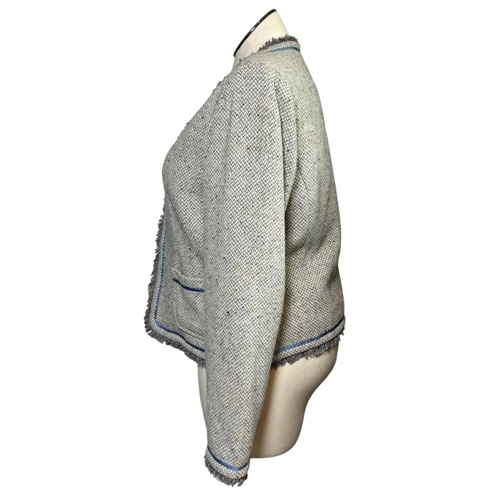 Old Navy Womens XL‎ Gray Blue Wool Blend Tweed Fringe Herringbone Jacket H2-2004
